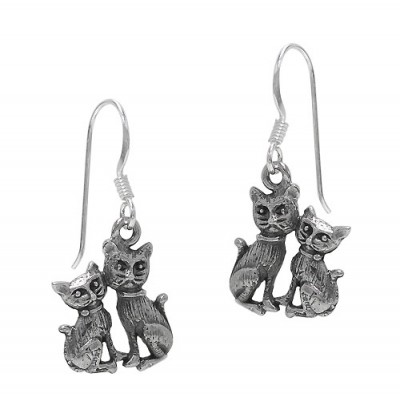 Double Cat Dangle Earring, Sterling Silver